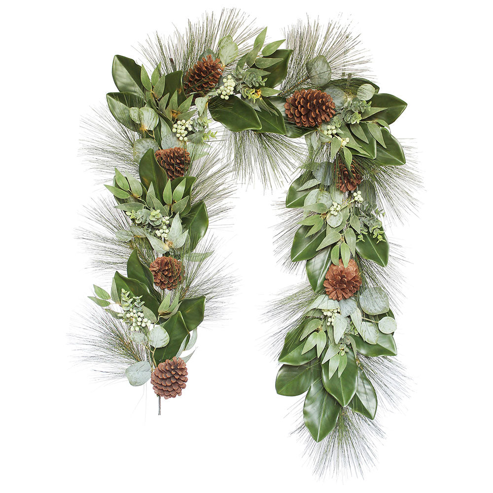 Lifelike magnolia and eucalyptus garland for mantel décor