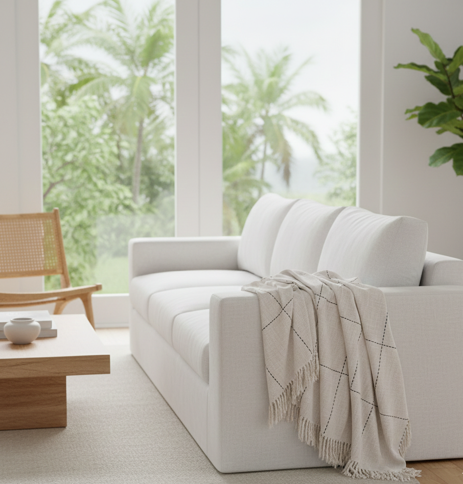 Kiara natural cotton throw styled in a living room