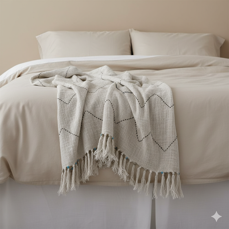 Natural chevron cotton throw styled in a living room