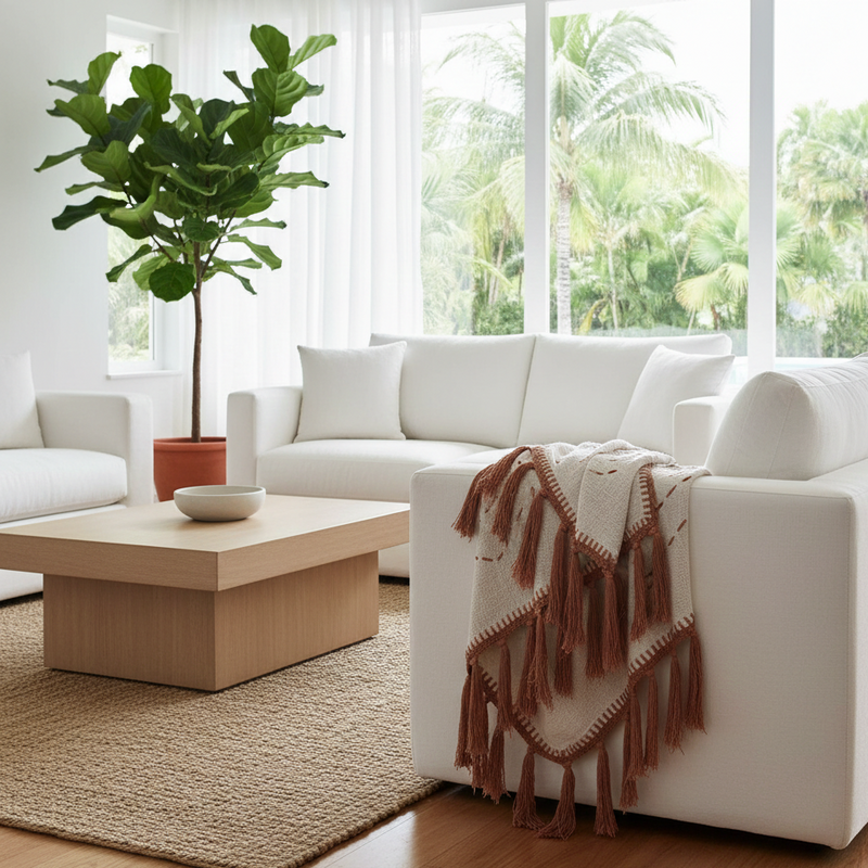 Kora terracotta stitch cotton throw styled in a living room