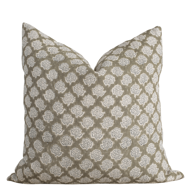 Fiora Floral Block Printed Pillow Cover | Olive Green