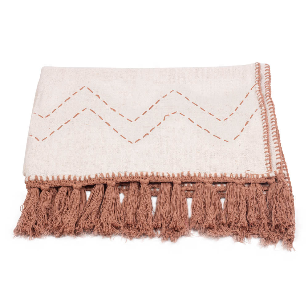 Kora cotton throw – terracotta border stitch detail