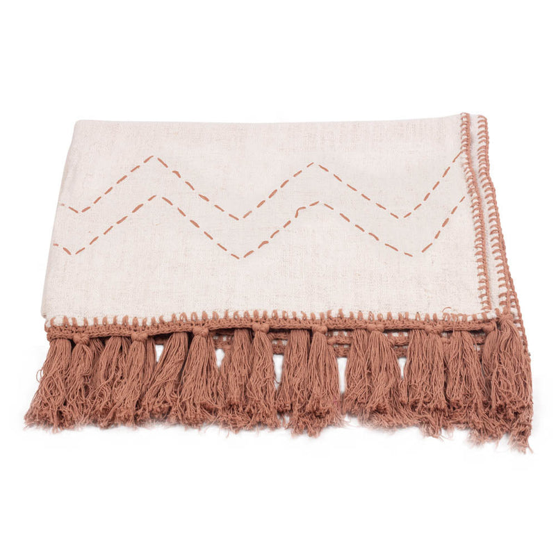 Kora cotton throw – terracotta border stitch detail