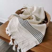 Close-up of natural cotton and bamboo fabric with stripe detail