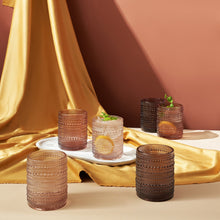 Close-up of hobnail texture on clear whiskey glass
