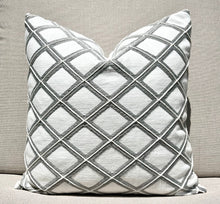 New Haven white and gray embroidered trellis pillow cover, view 5