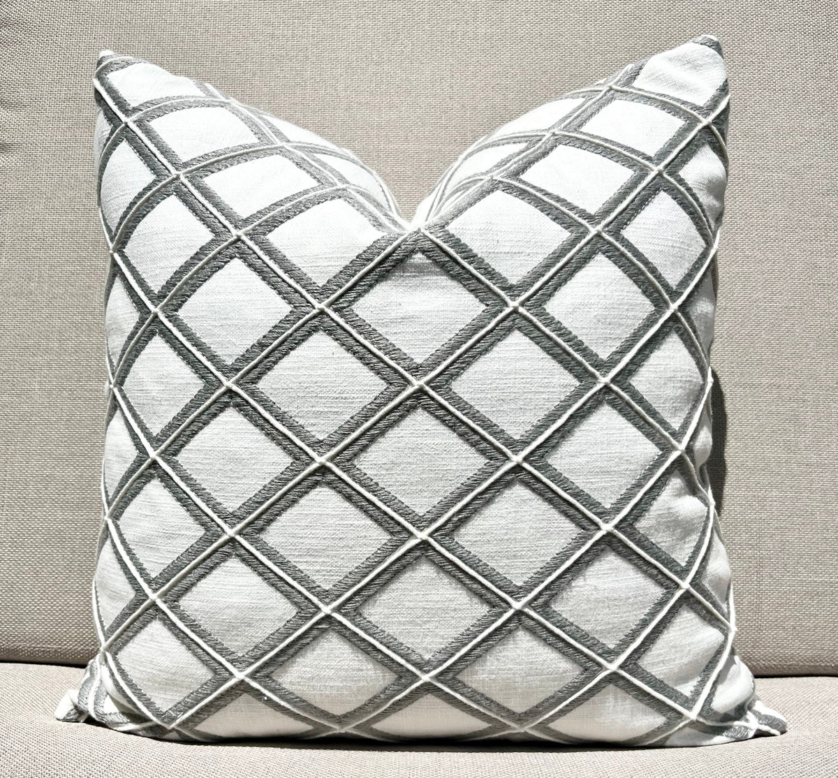 New Haven white and gray embroidered trellis pillow cover, view 5