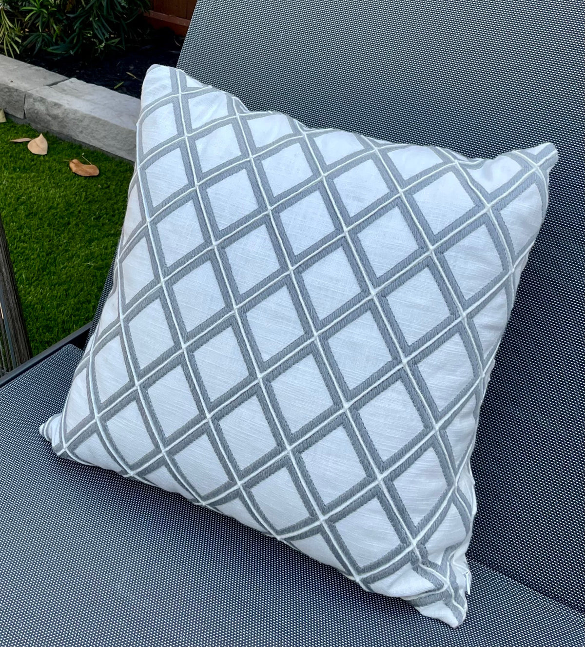 New Haven white and gray embroidered trellis pillow cover, view 4
