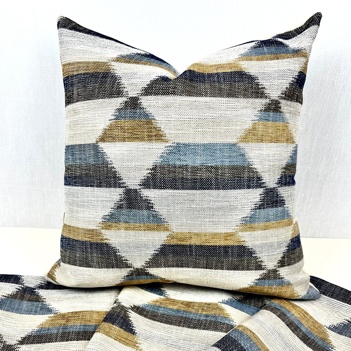 Reese blue and gold geometric pillow cover, view 5