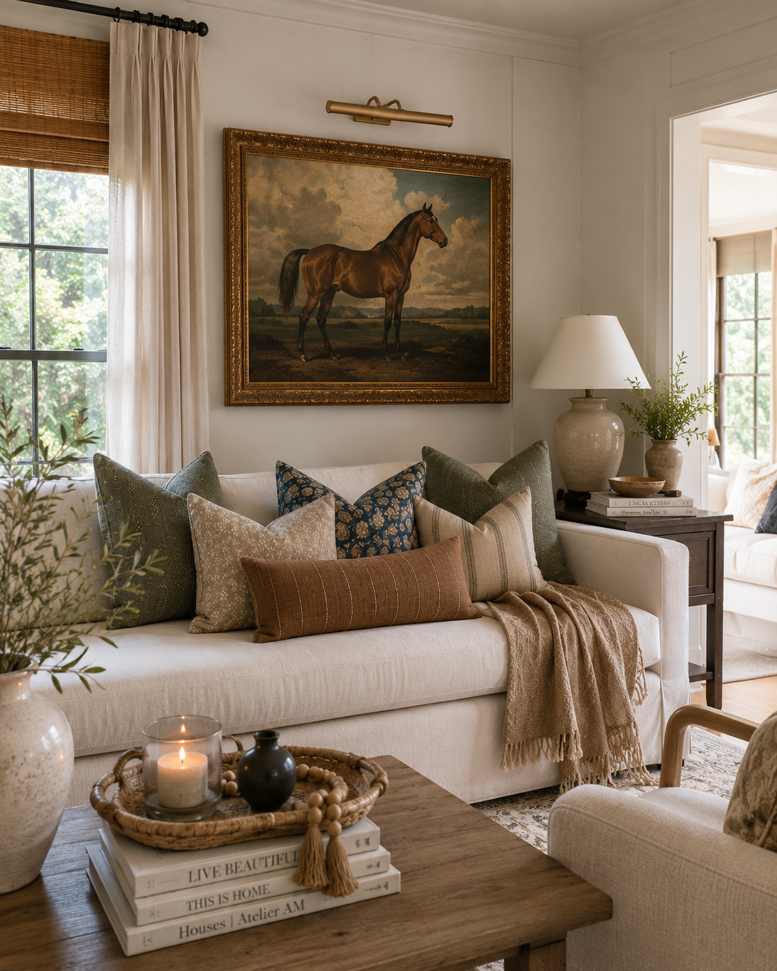 A styled living room featuring a large framed oil painting of a brown horse on the wall above a white sofa with green and beige throw pillows.