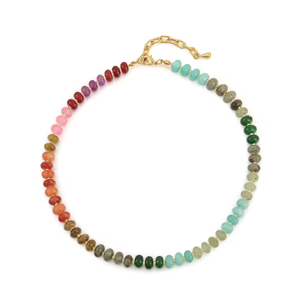 Candy Crush Beaded Necklace with rainbow beads and gold accents