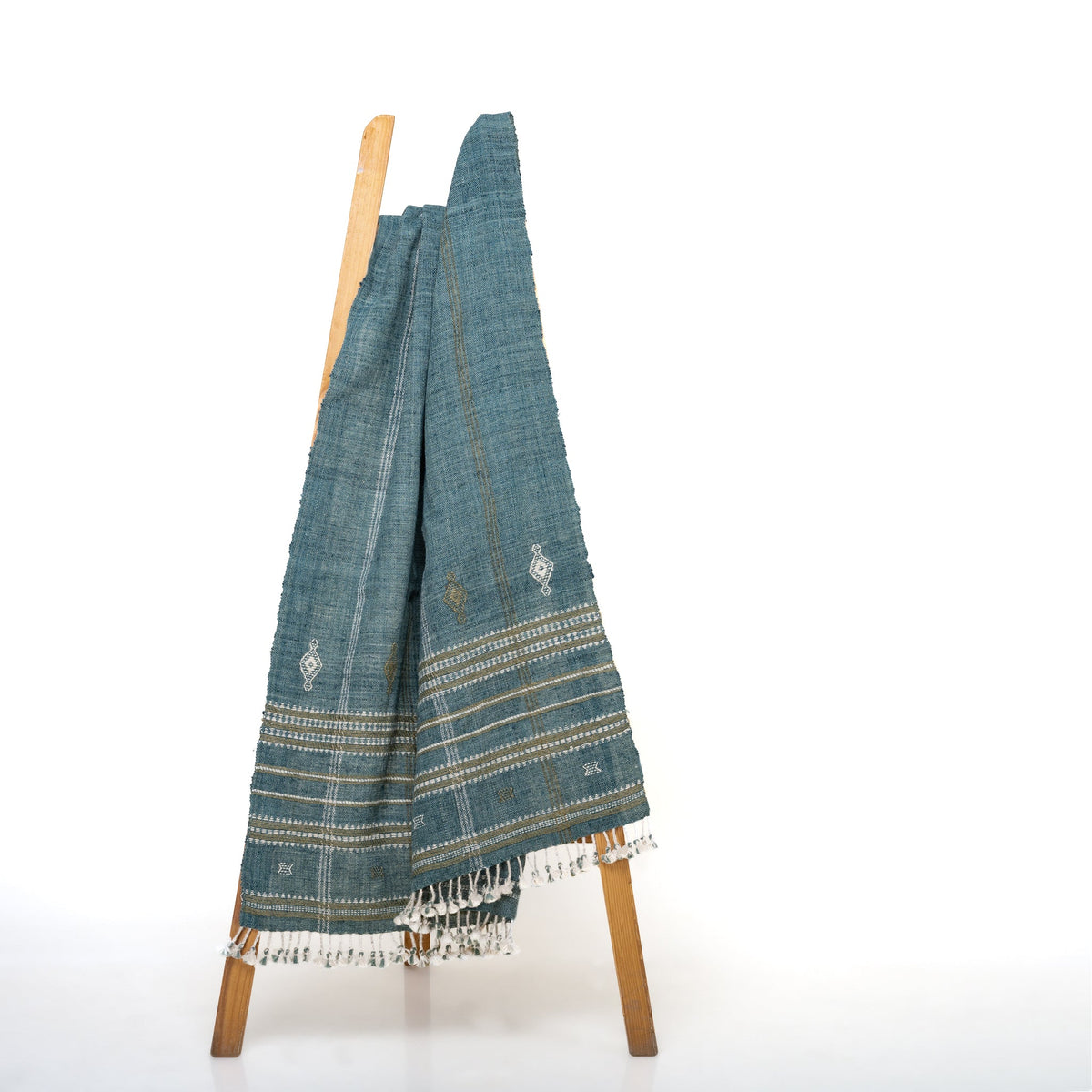 Lapis teal blue handwoven Indian wool throw blanket – view 10
