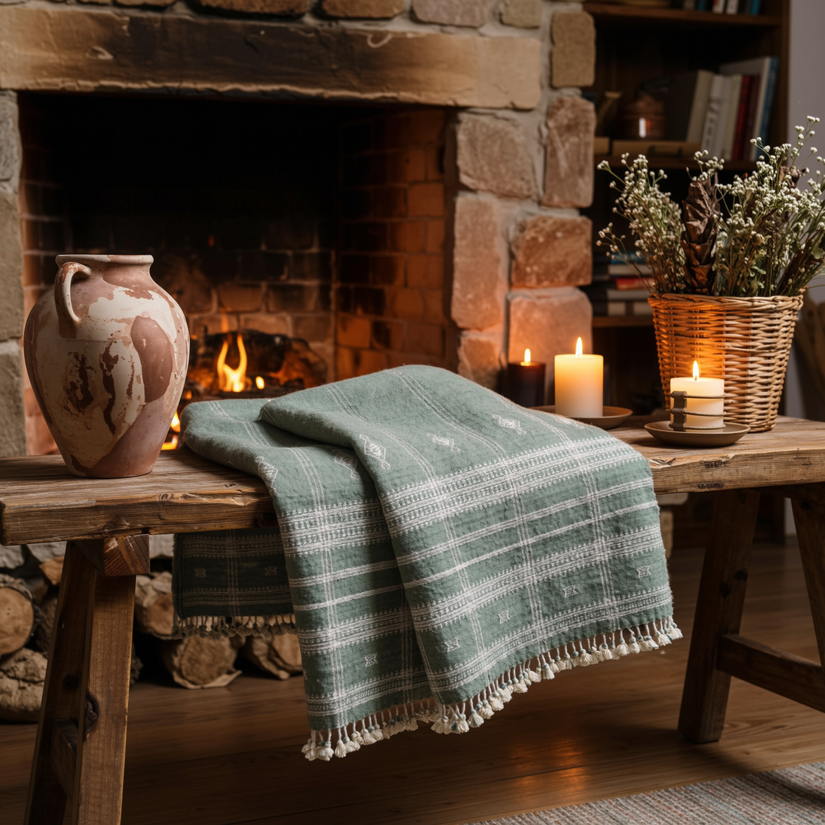 Emerald soft green handwoven Indian wool throw blanket – view 14