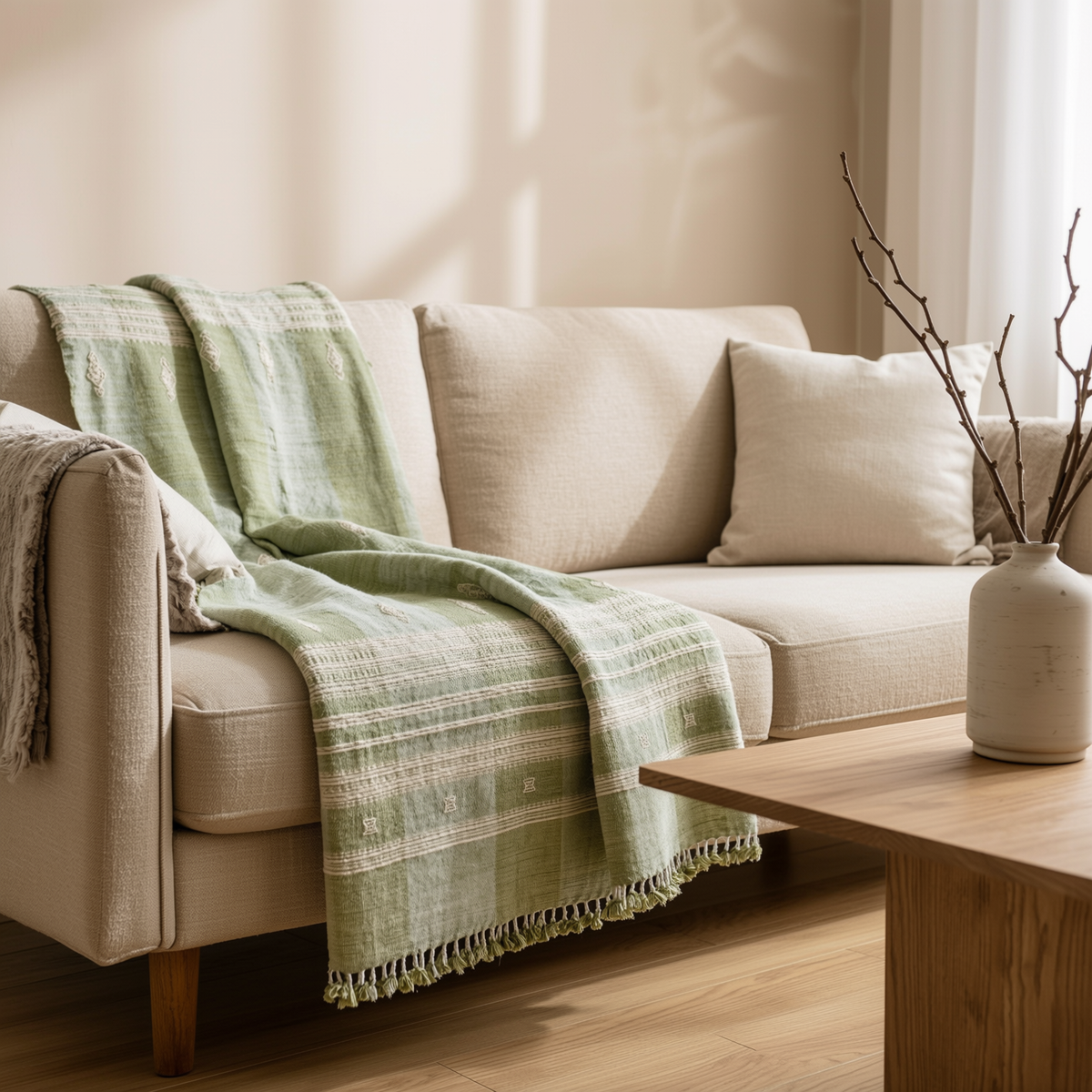 Willow sage green handwoven Indian wool throw blanket – view 8