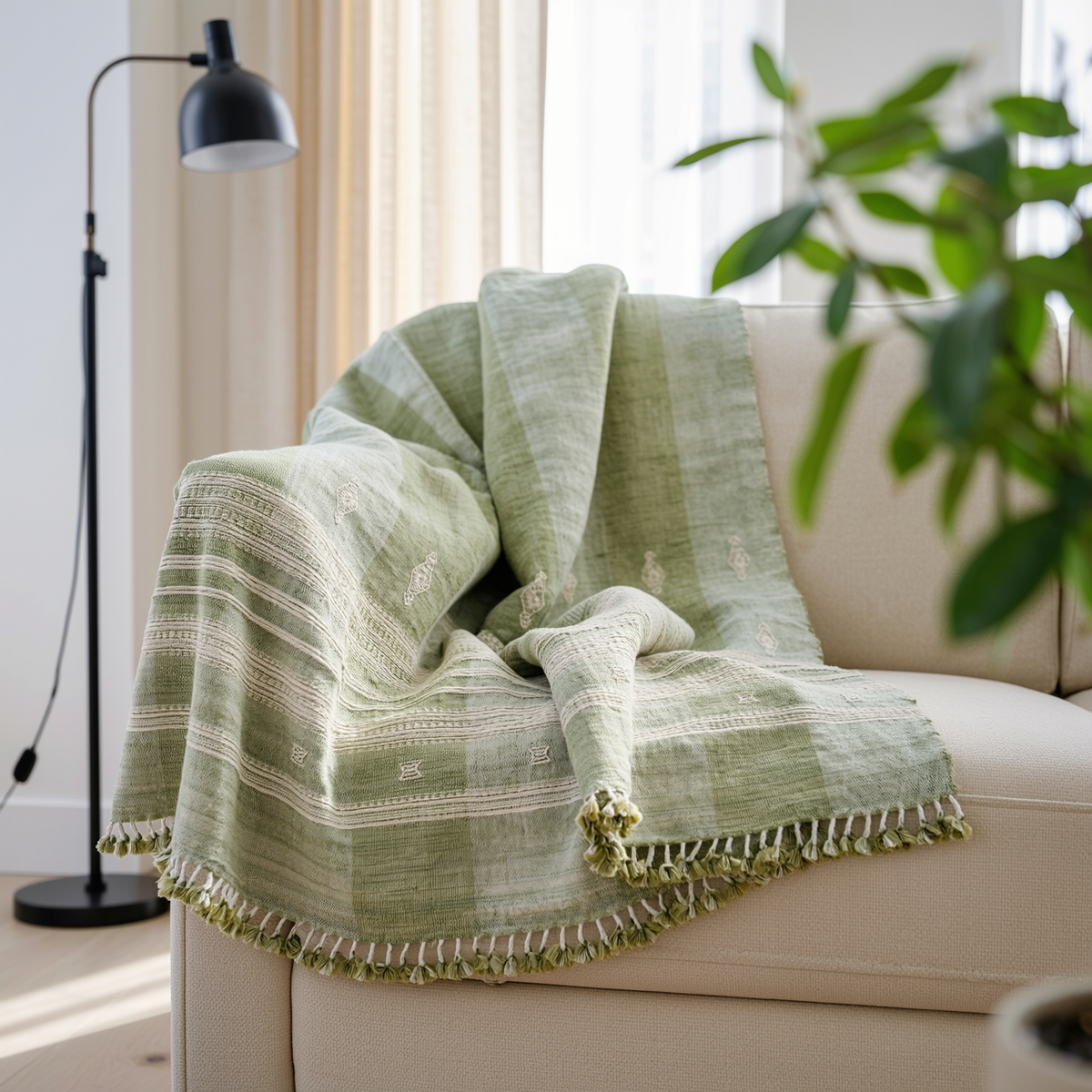 Willow sage green handwoven Indian wool throw blanket – view 15