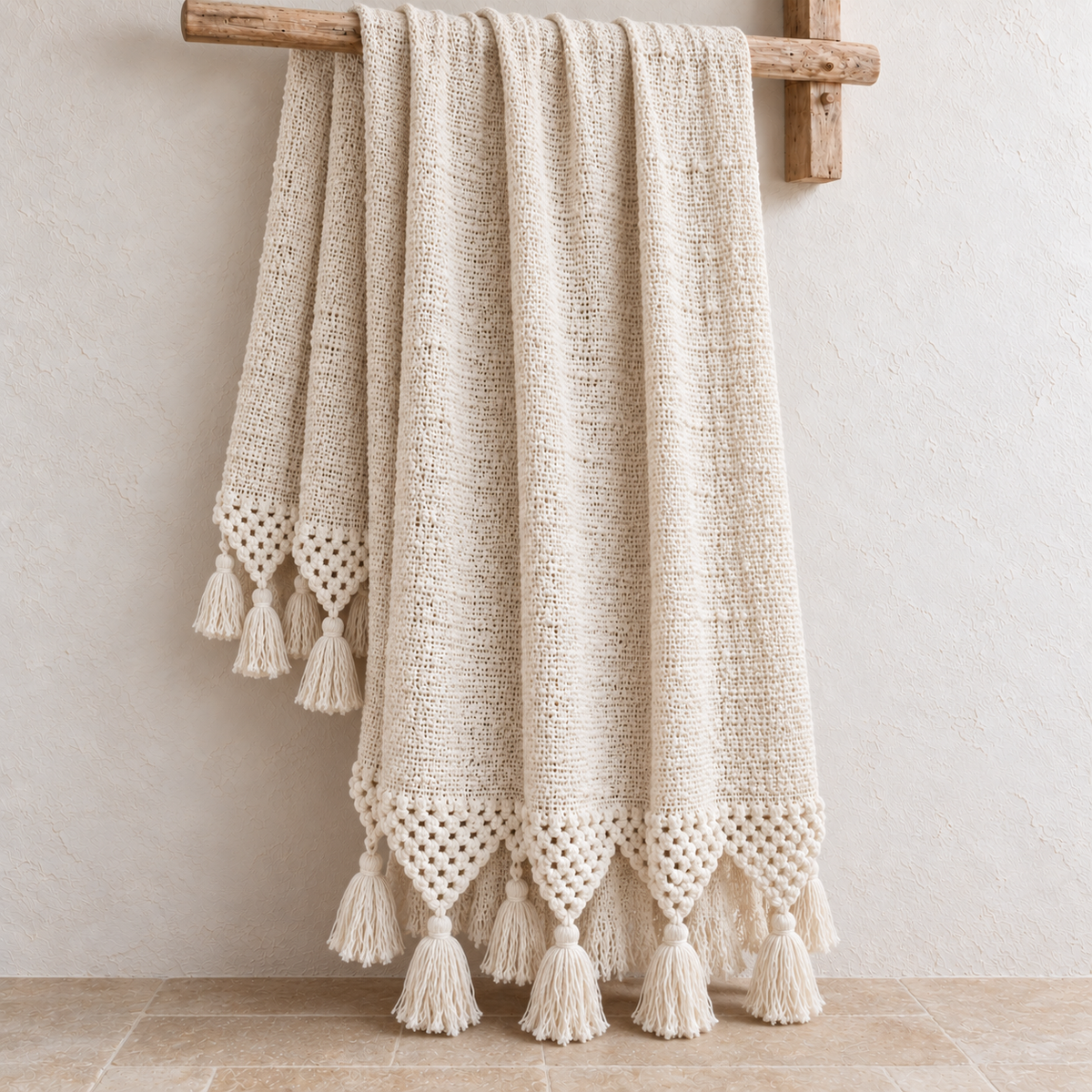 Mira natural macramé cotton throw with tassels at both ends