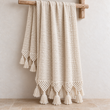 Mira natural macramé cotton throw with tassels at both ends