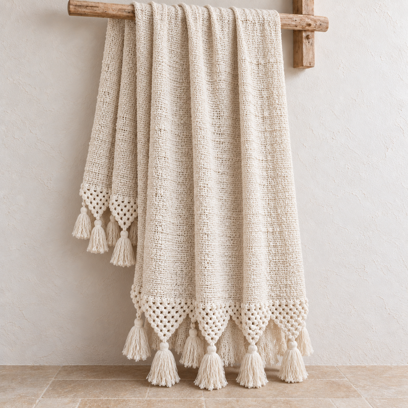 Mira natural macramé cotton throw with tassels at both ends