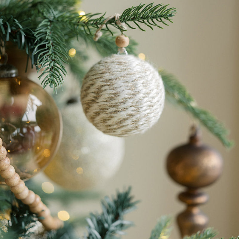 Handcrafted jute and wood bead ornaments for Christmas tree