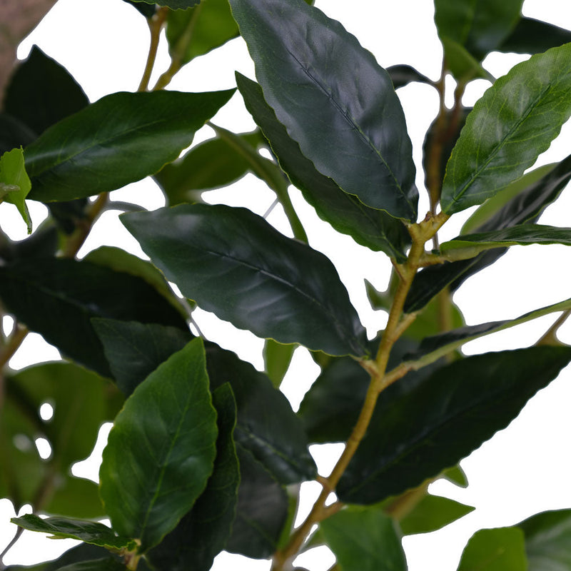 Tall artificial laurel tree in decorative planter
