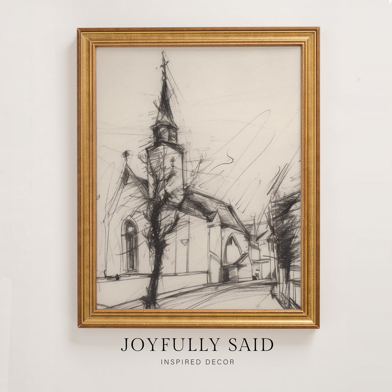 The Village Chapel framed canvas art print in an antiqued gold frame