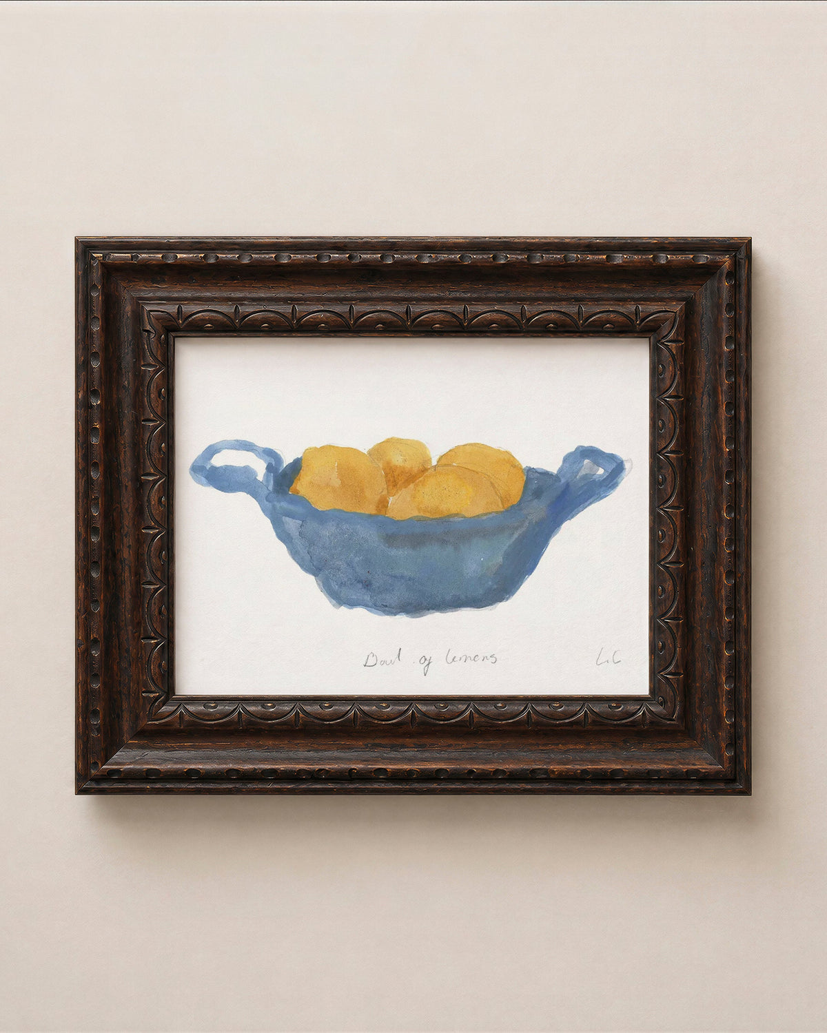 Bowl of Lemons still life art print, lemons in a blue bowl