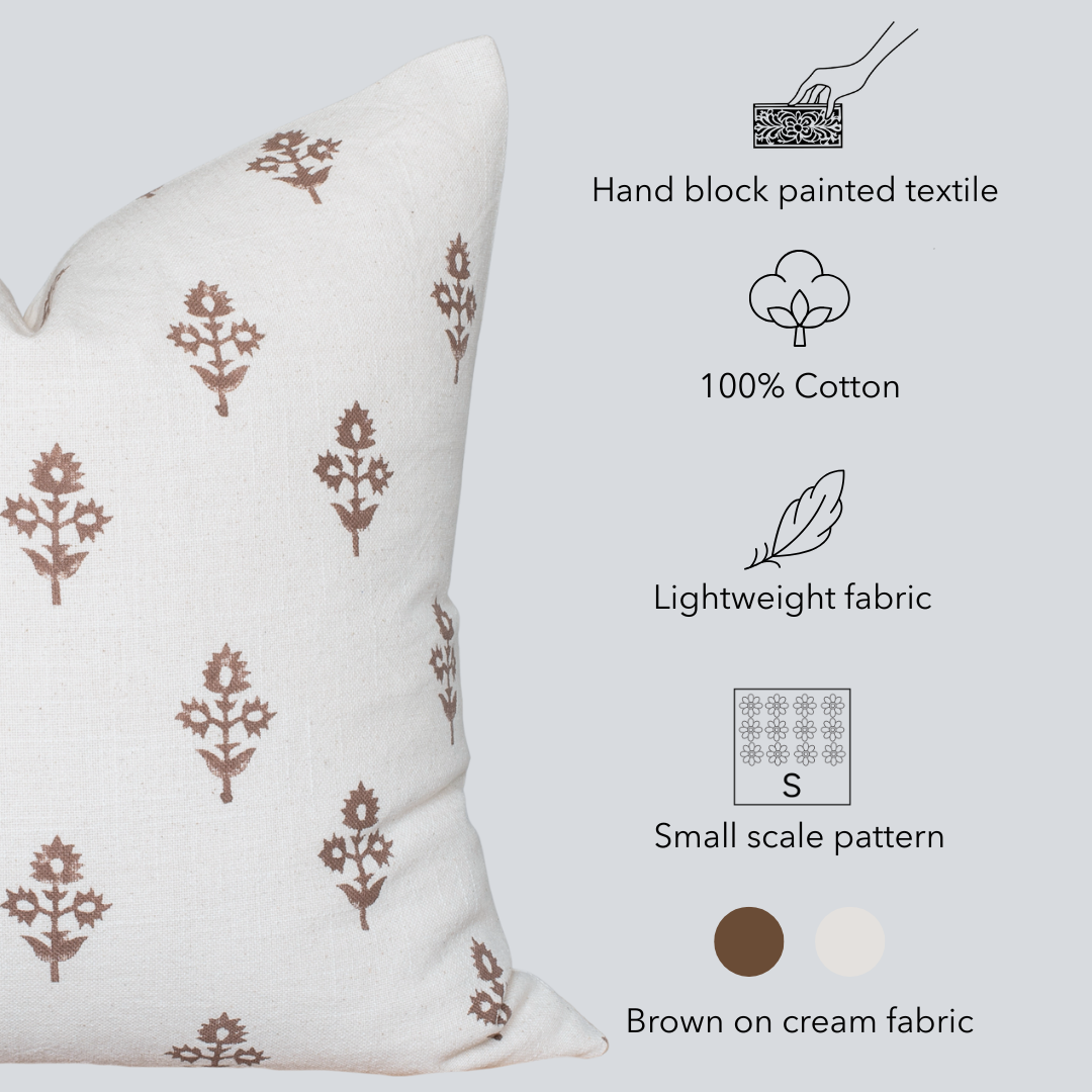 Mia Floral Block Printed Pillow Cover | Brown