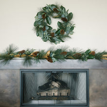 Artificial magnolia eucalyptus pinecone wreath for holiday and year-round décor