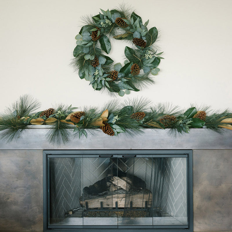 Artificial magnolia eucalyptus pinecone wreath for holiday and year-round décor