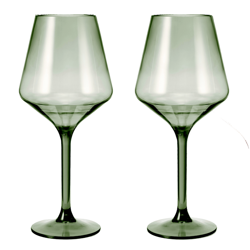 Set of 2 Saint Tropez emerald green acrylic stemmed wine glasses on patio table