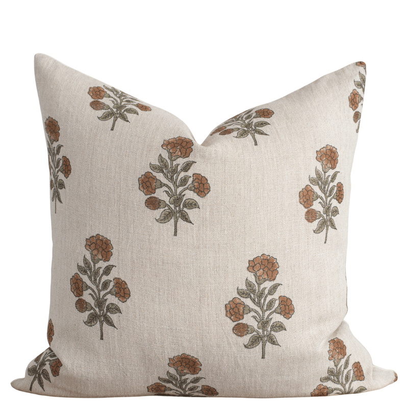 Margot Floral Block Printed Pillow Cover | Mustard, Green