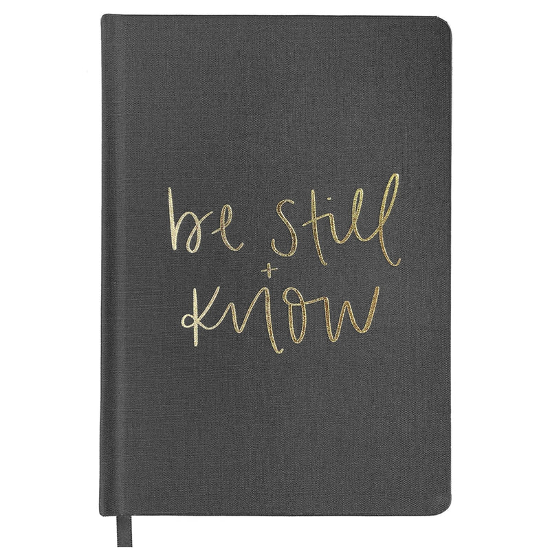 Be Still and Know grey fabric journal with gold foil details