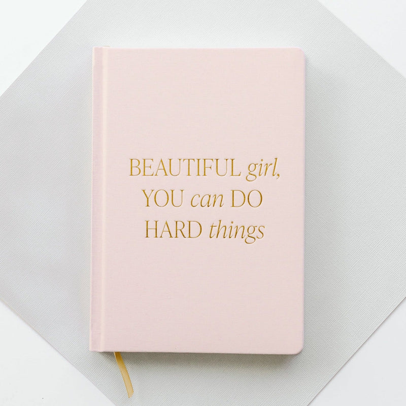 Light pink fabric hardcover journal with inspirational design