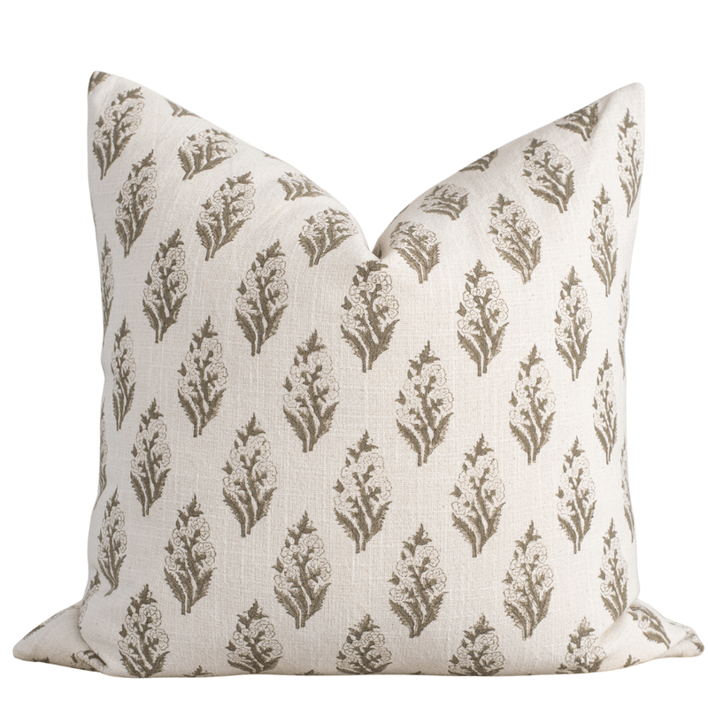 Rosalie Floral Block Printed Pillow Cover | Brown, Green