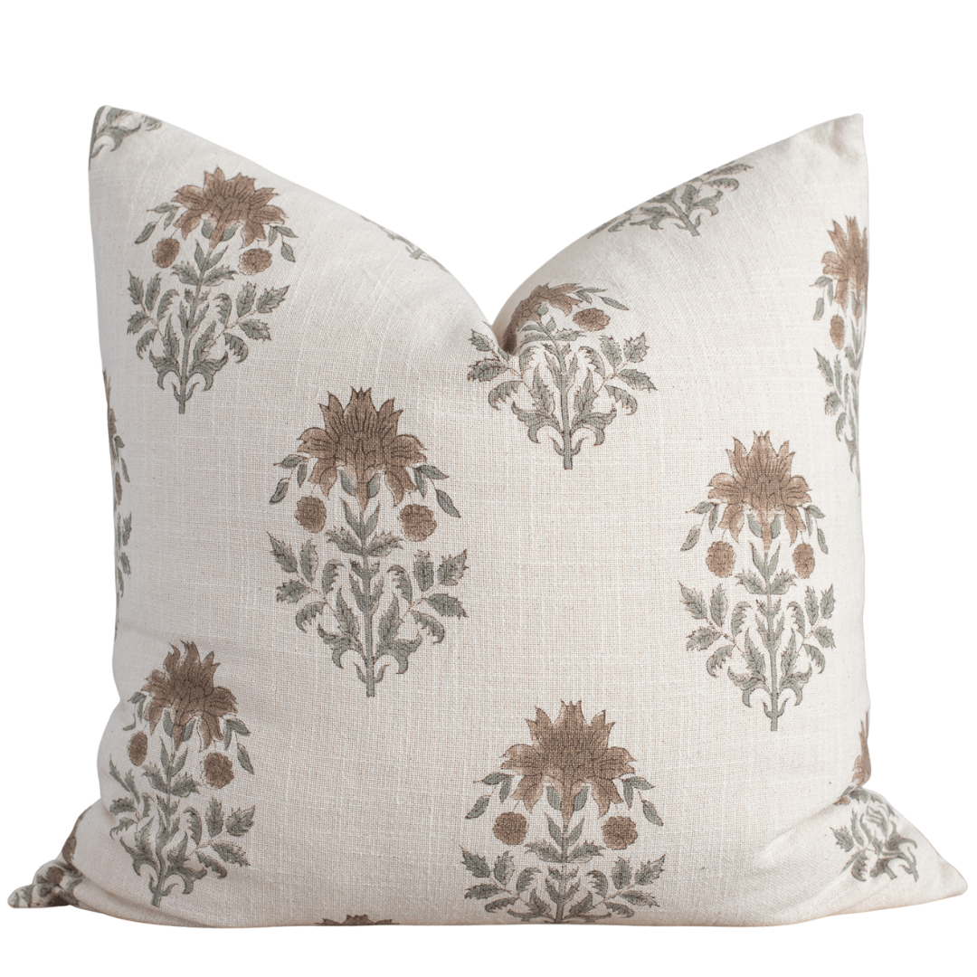 Veda Floral Block Printed Pillow Cover | Brown, Green