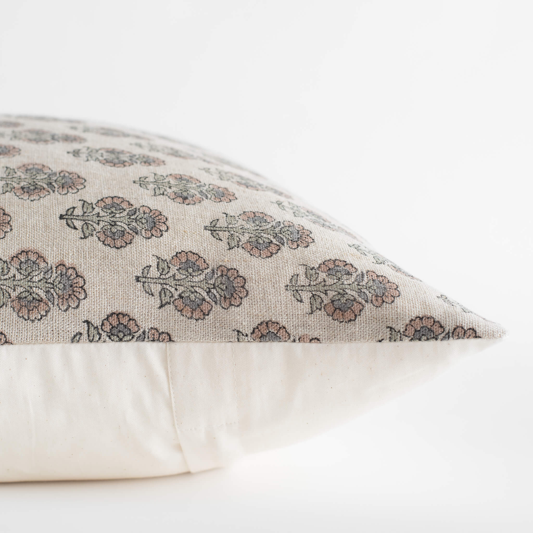 Calla Floral Block Printed Pillow Cover | Light Brown, Blue, Sage Green
