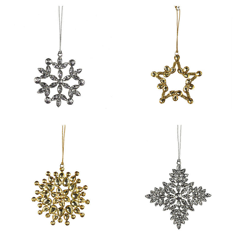 Set of 4 jeweled snowflake and star Christmas ornaments handmade in India