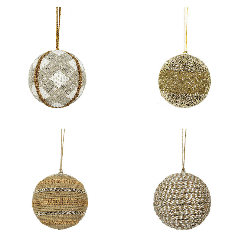 Set of 4 handcrafted shimmery jute Christmas ornaments with glitter
