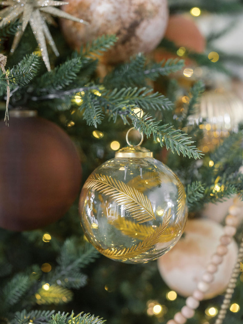 Set of 6 handcrafted clear glass ornaments with brass toppers