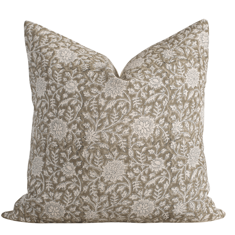 Leila olive green floral block print pillow cover on natural linen