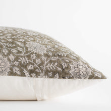 Leila olive green floral block print pillow cover close-up