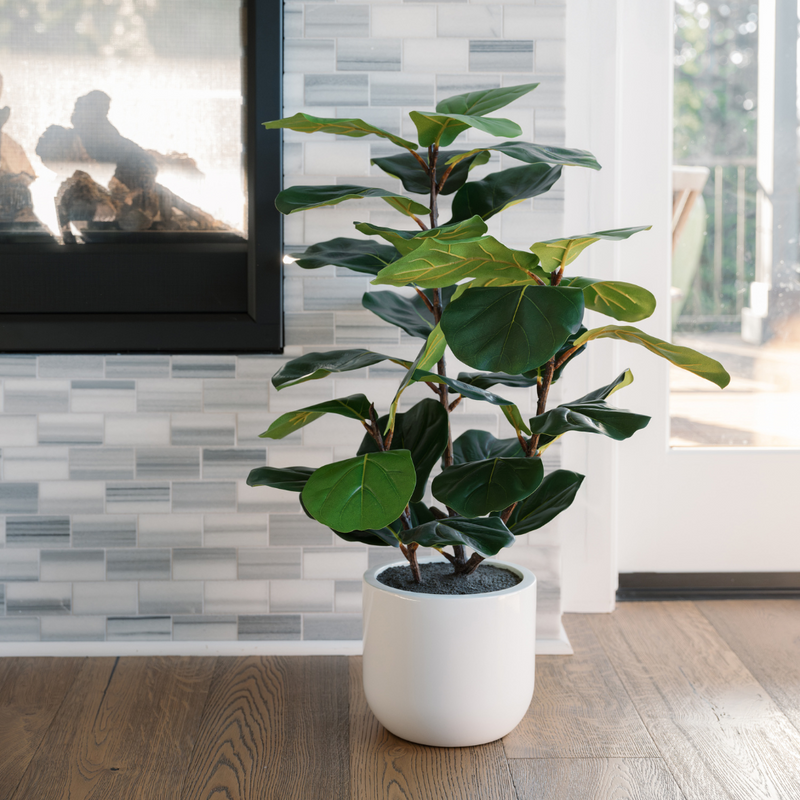 Artificial fiddle leaf fig plant with broad green leaves