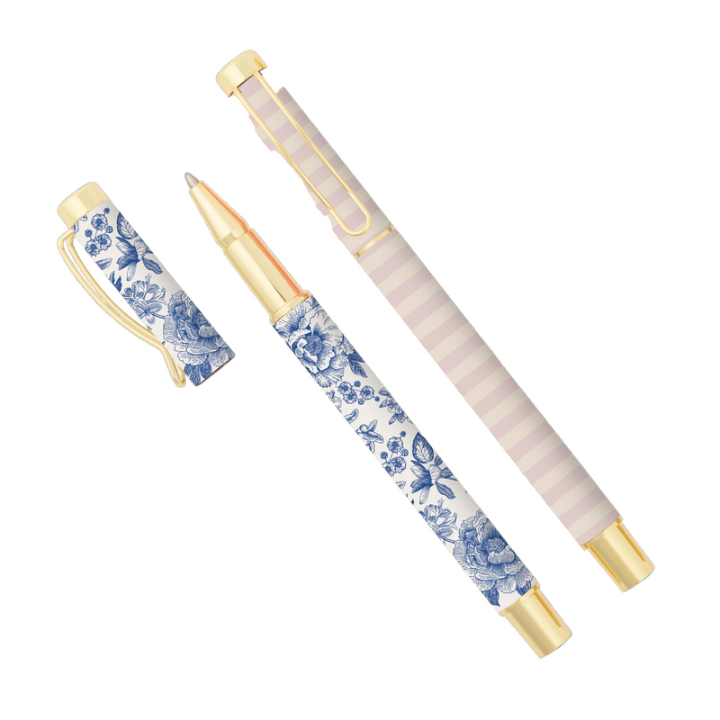 Blue Delft and striped pen set with gold accents
