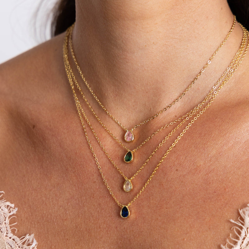 Dainty 5mm CZ raindrop necklace on model