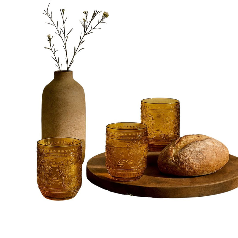 Petra Embossed Drinking Glasses, Amber, Set of 4