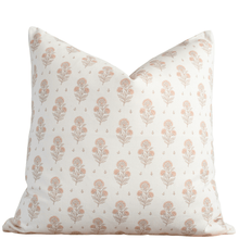 Anais peach floral pillow cover with block-print-inspired blooms on ivory