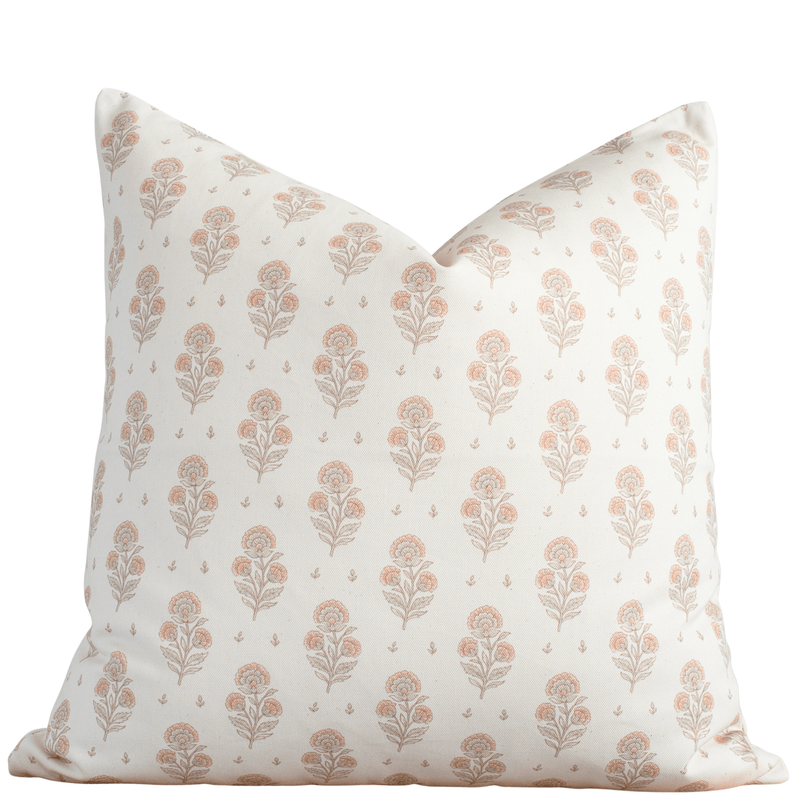 Anais peach floral pillow cover with block-print-inspired blooms on ivory