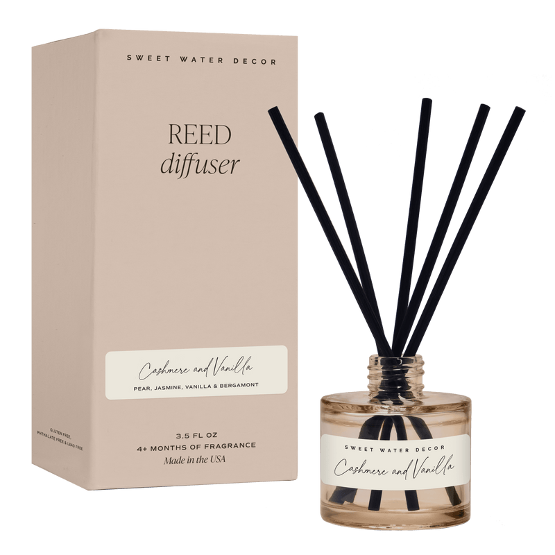 Cashmere and Vanilla Reed Diffuser in tinted beige glass jar