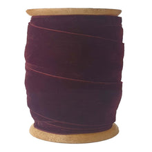 Burgundy hand dyed velvet ribbon on wooden spool
