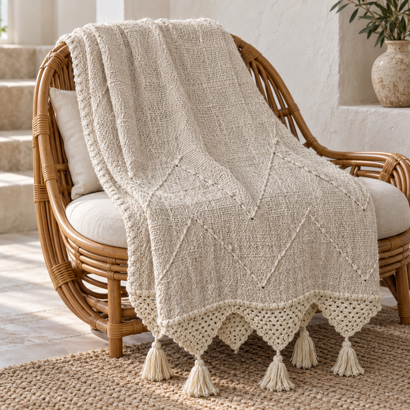 Cream organic cotton throw draped over a rattan chair